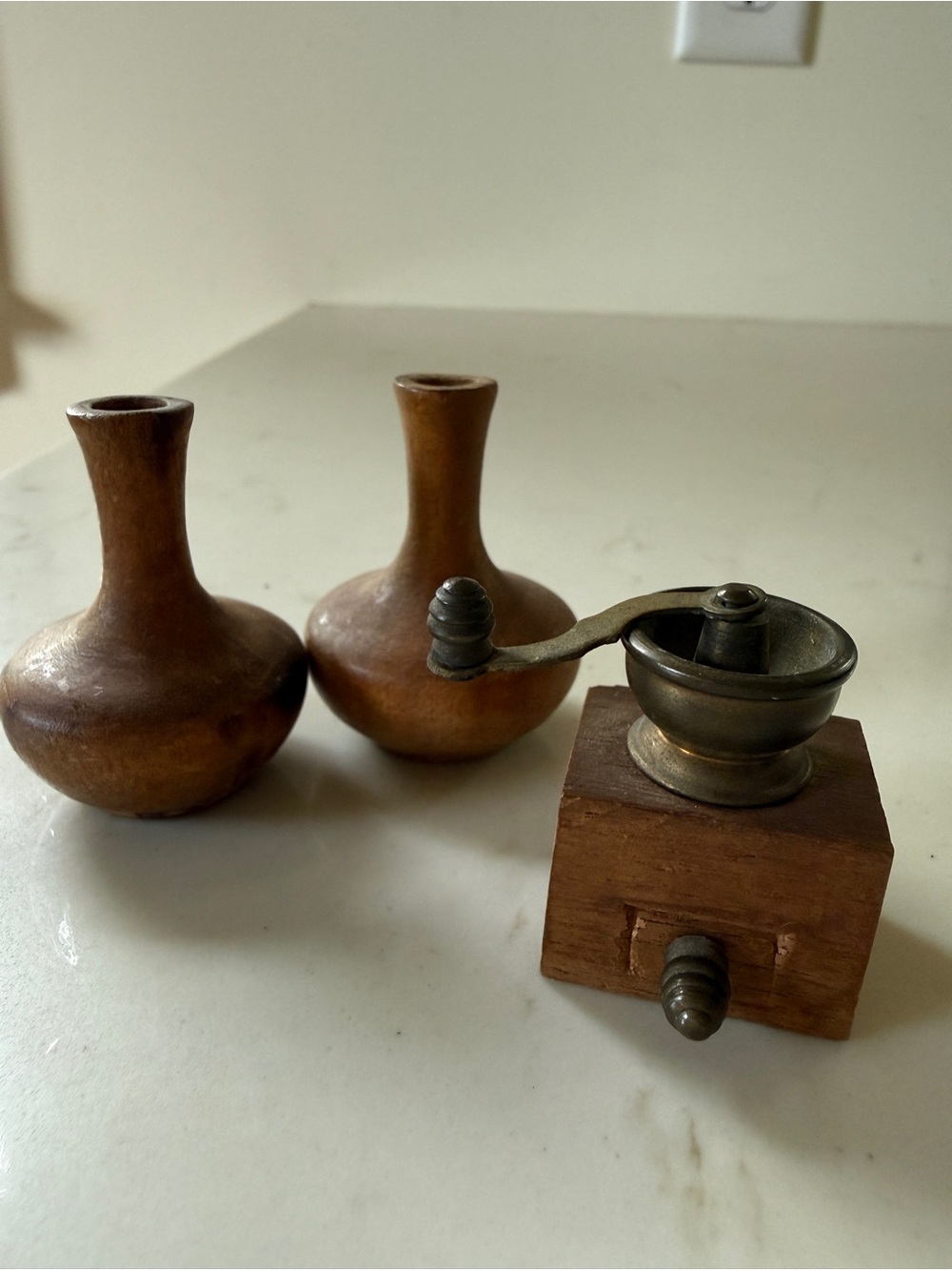Set of Vintage Wooden Miniature Vases and Coffee Grinder